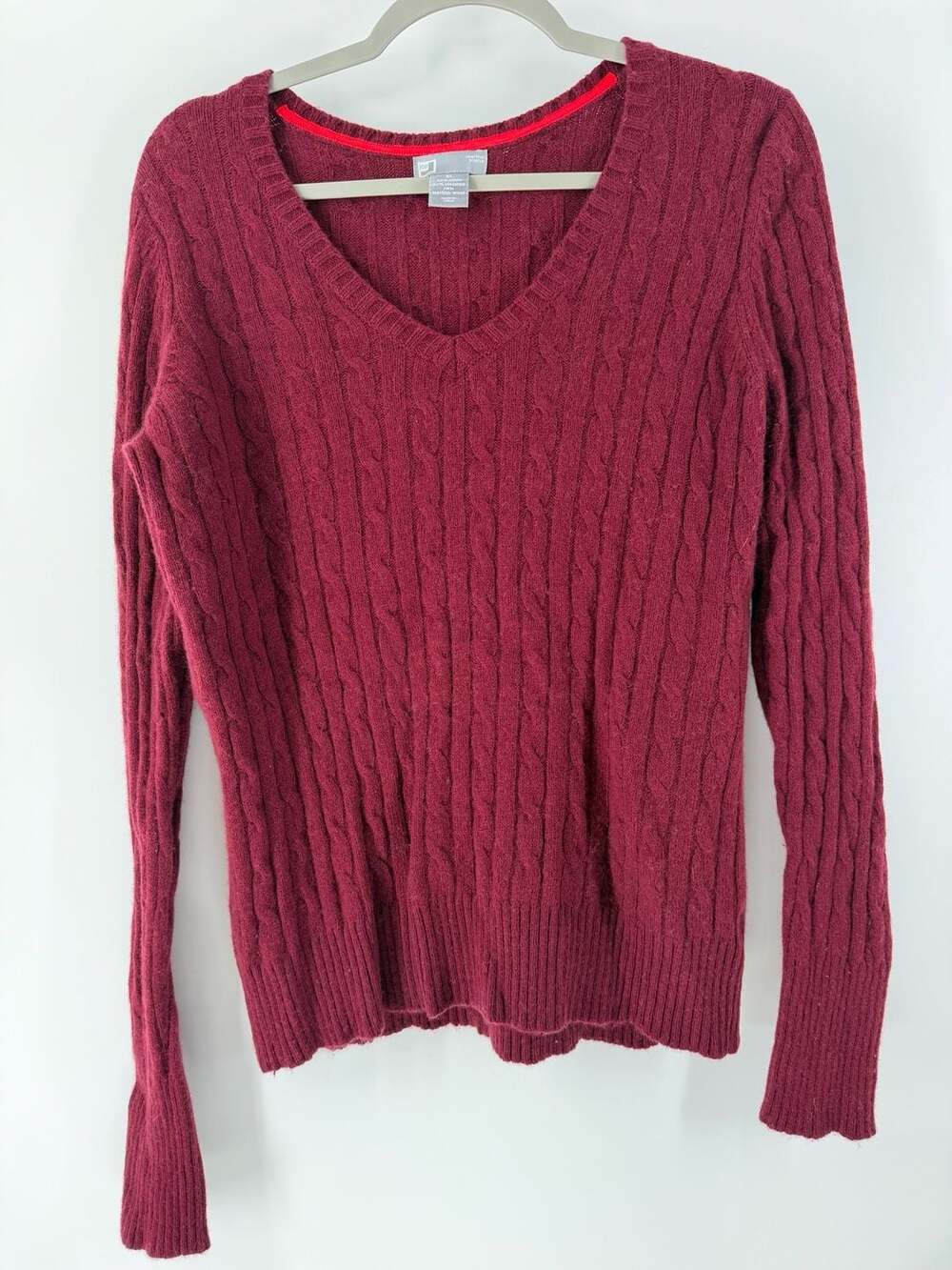 JCP Merino Blend Cable Knit V-Neck Sweater XL Burgundy Wine Grandpa Core